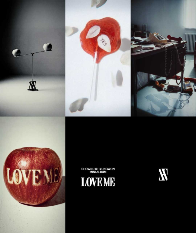 Promotional artwork for MONSTA X unit Shownu X Hyungwon’s mini album ‘LOVE ME,’ featuring symbolic objects such as a balance scale, a red lollipop with ‘YES,’ a carved apple reading ‘LOVE ME,’ and the official SW logo.