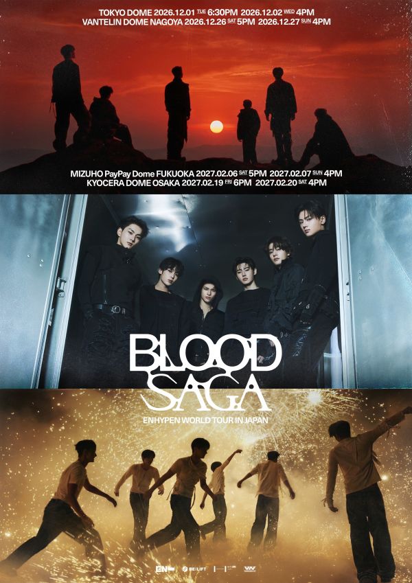 ENHYPEN world tour poster promoting their global ‘BLOOD SAGA’ tour with dates and cities.