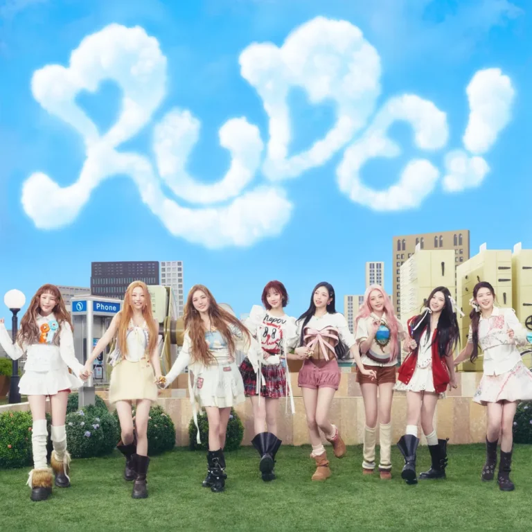 Group photo of Hearts2Hearts’ eight members standing together against a light blue background, wearing coordinated white outfits with red accents, highlighting the group’s bright and youthful concept.