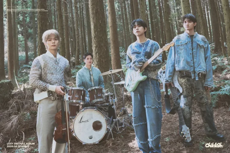 Promotional image for LUCY’s 2nd full album ‘Childish,’ showing the four‑member Korean band performing in a forest setting with violin, drums, electric guitar, and bass, surrounded by tall trees and ferns. Text reads ‘LUCY 2nd Full Album Childish — 2026.04.29 6PM.’