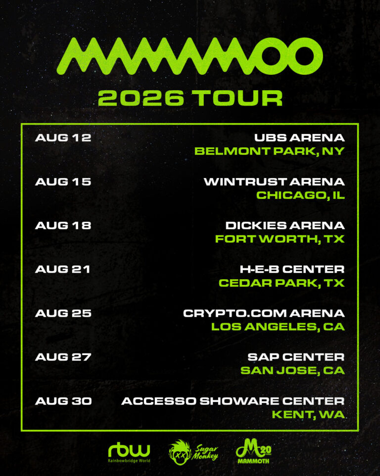 Promotional poster for the MAMAMOO 2026 U.S. Tour featuring neon‑green text on a black background, listing concerts in New York (UBS Arena), Chicago (Wintrust Arena), Fort Worth (Dickies Arena), Cedar Park (H‑E‑B Center), Los Angeles (Crypto.com Arena), San Jose (SAP Center), and Kent (Accesso ShoWare Center), with RBW, Sugar Monkey, and Mammoth logos at the bottom.