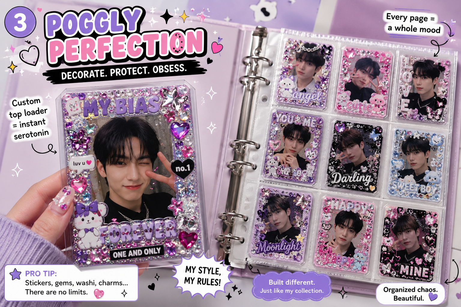 A decorated top loader and an open photocard binder — pol-kku culture in action