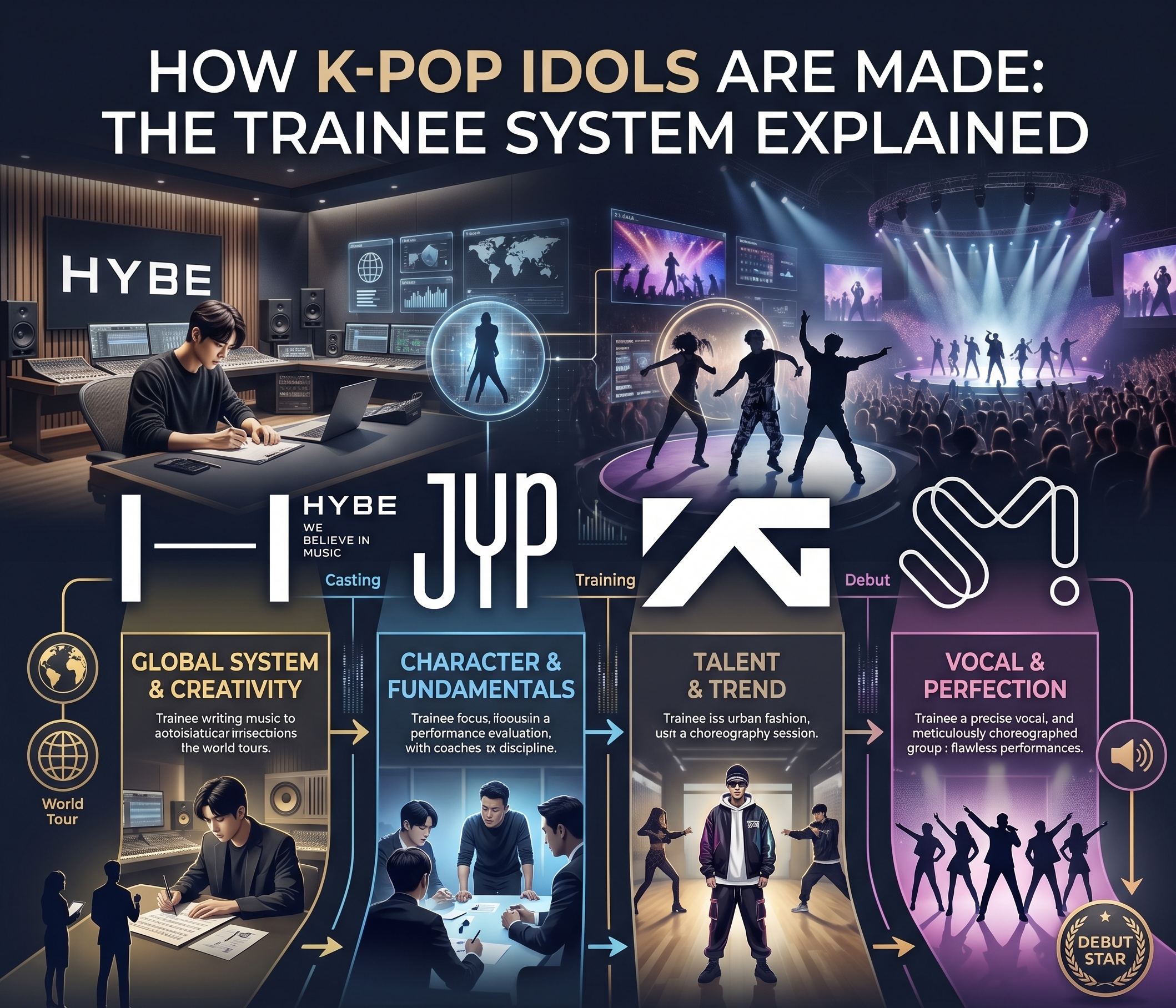A sophisticated, wide-format infographic titled "HOW K-POP IDOLS ARE MADE: THE TRAINEE SYSTEM EXPLAINED." The image features a dark, professional studio and stage background with four distinct columns representing major K-pop agencies: HYBE, JYP, YG, and SM. Each section highlights a key training pillar: "Global System & Creativity" for HYBE, "Character & Fundamentals" for JYP, "Talent & Trend" for YG, and "Vocal & Perfection" for SM. The bottom banner reads, "THE PROCESS OF K-POP STAR CREATION: A COMPLETE GUIDE TO THE TRAINEE SYSTEM."