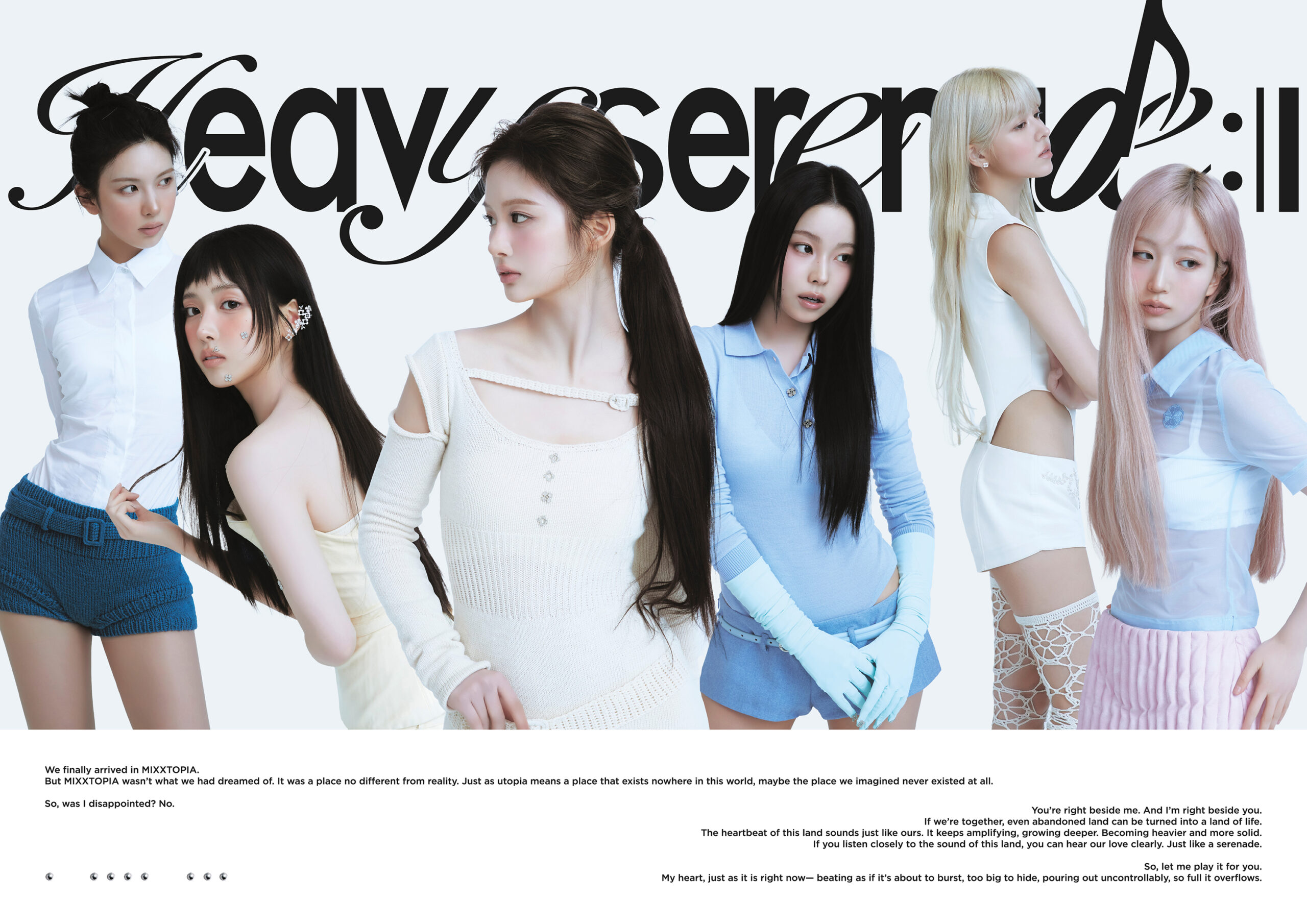 Promotional group photo of NMIXX’s six members standing in front of the ‘Heavy Serenade’ backdrop, wearing pastel-toned modern outfits with an artistic and dreamy concept, highlighting the group’s storytelling visual style.