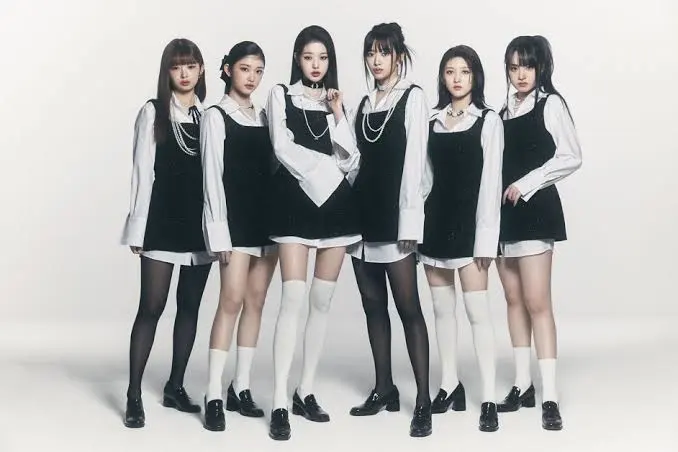 IVE, six‑member K‑pop girl group posing together for a promotional photo.