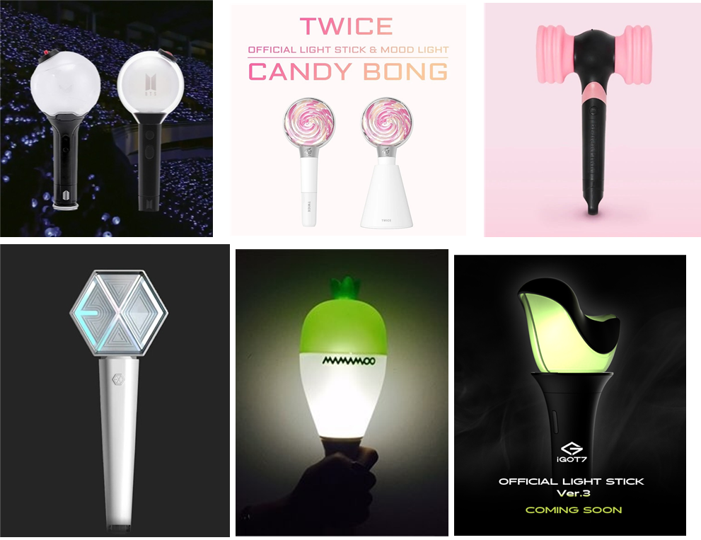Collage of official K‑pop light sticks from major groups: BTS’s Army Bomb glowing at a concert, BLACKPINK’s pink hammer‑shaped light stick, TWICE’s swirl‑designed Candy Bong, EXO’s hexagonal logo light stick, MAMAMOO’s radish‑shaped light stick, and GOT7’s green bird‑shaped light stick—showcasing the evolution of modern K‑pop fandom culture.