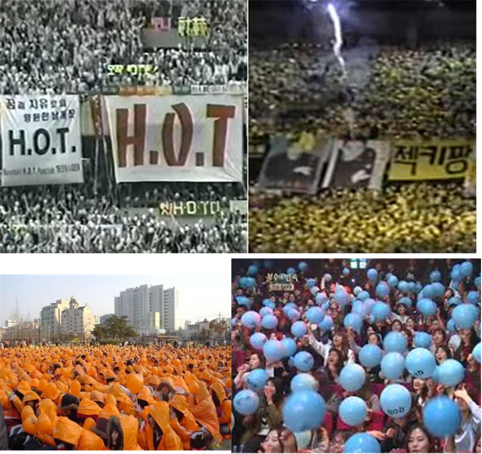 Collage showing first‑generation K‑pop fandom colors: H.O.T fans holding red ‘H.O.T’ banners, Sechs Kies fans filling a stadium with yellow banners, Shinhwa fans gathered in bright orange raincoats, and g.o.d fans raising sky‑blue balloons—an iconic visual representation of early K‑pop fan culture.